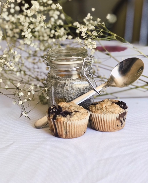 Chia Pudding & Blueberry Oatmeal Muffins